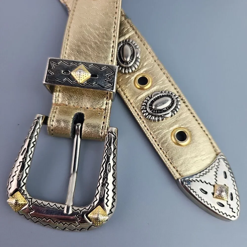 Vintage Western Gold Metallic Concho Belt Large L Made Taiwan Silver Tone Buckle